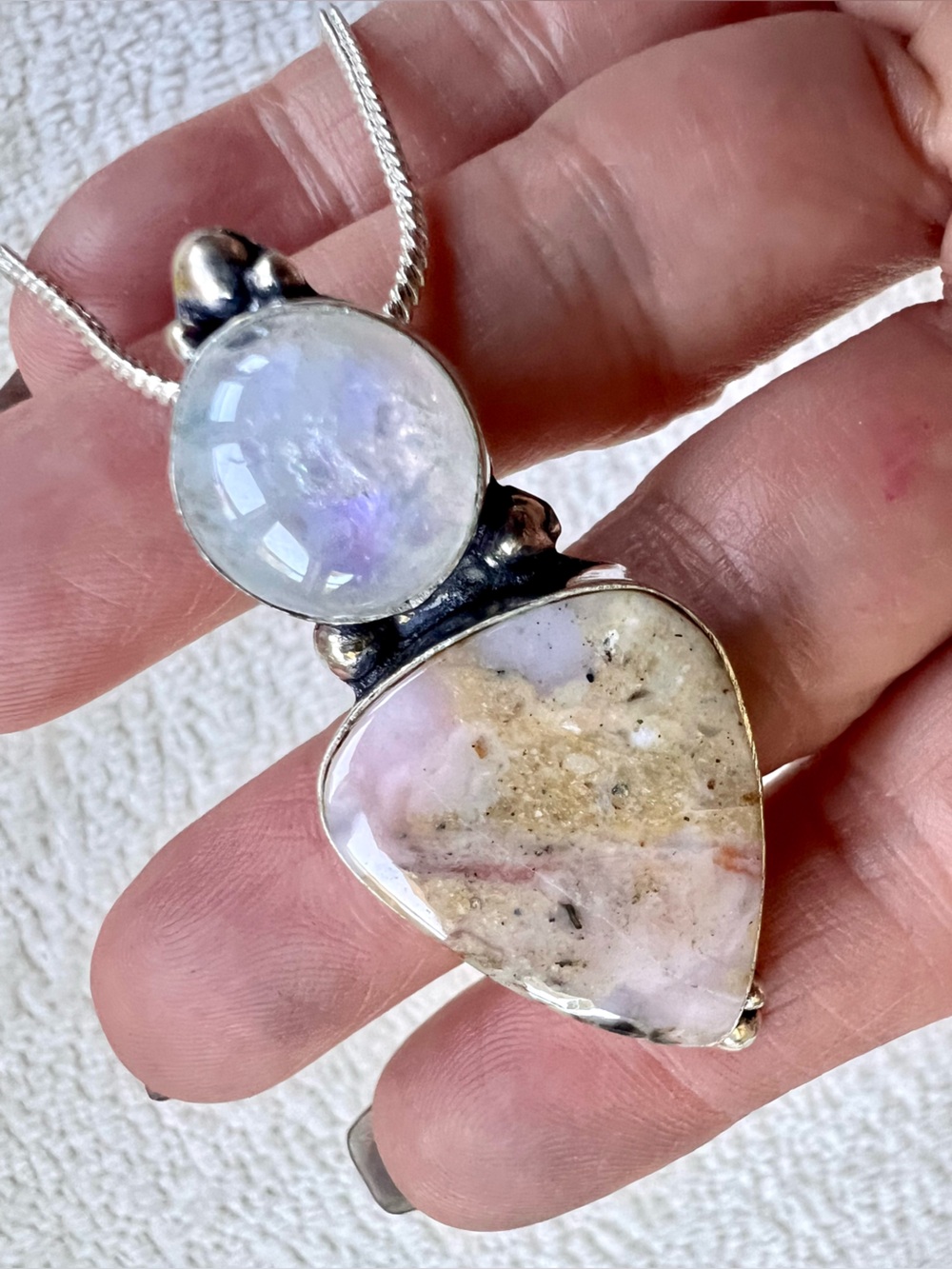 925 Pink Peruvian Opal + Rainbow Flash Moonstone Pendant Necklace